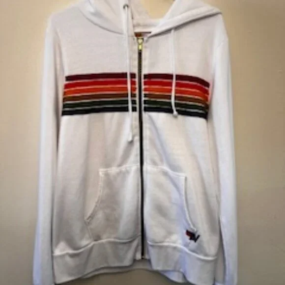 Aviator Nation White Hoodie with Blue and Orange Stripes - Picture 2 of 10